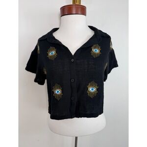 L.I.F.E Evil Eye Embroidered Gauze Crop Top Black Boho Celestial Witchy Size M